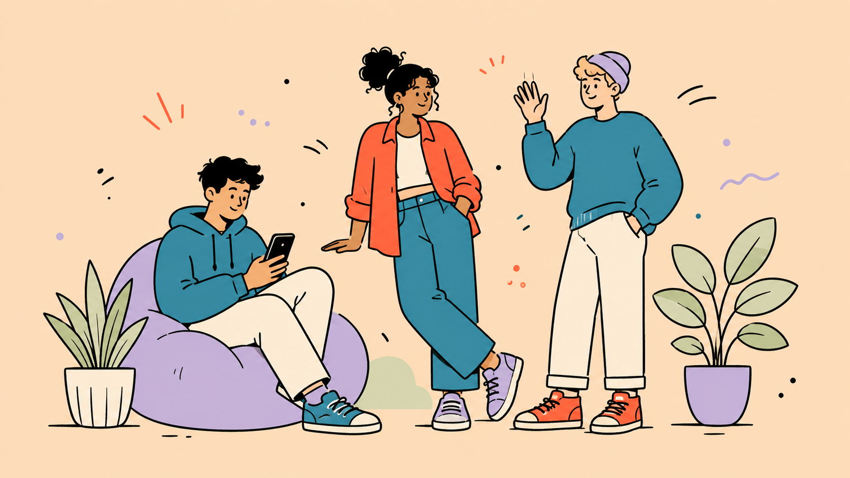 Three young adults in a relaxed social setting